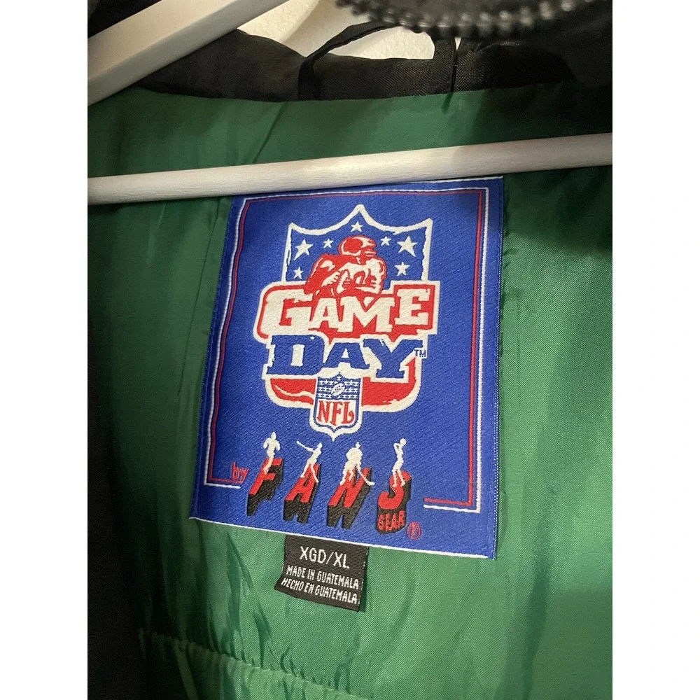 Vintage 90s New York Jets NFL Game Day Puffer Jacket XL Black Green Hooded Coat